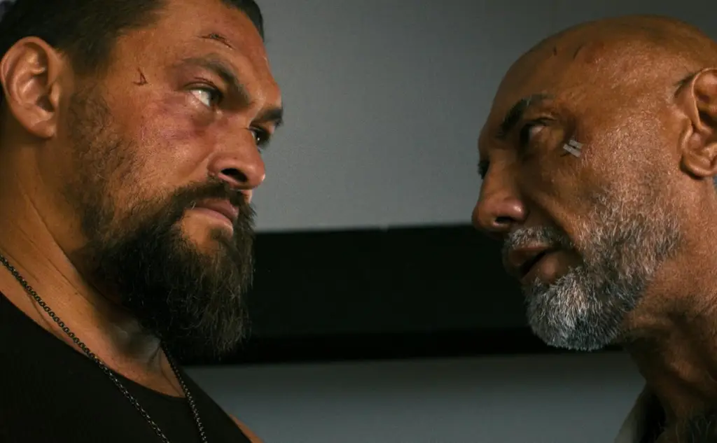 The Wrecking Crew movie steal image, it has Jason Momoa and Dave Bautista staring at each other in an angry look, movie is availble on prime video.